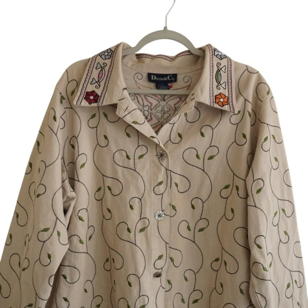 Denim & Co Tan Embroidered Floral Cotton Jacket‎ Plus Size 1X Cottagecore Boho